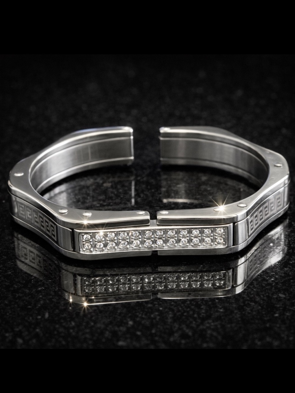 Macys Mens Ladies silver Stainless steel Greek key pave cz cuff bangle bracelet